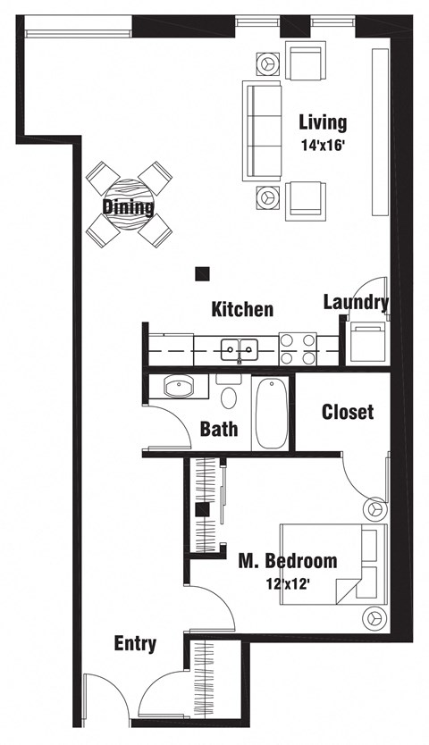 Floor plan for 1 bed, 1 bath, 899 sqft